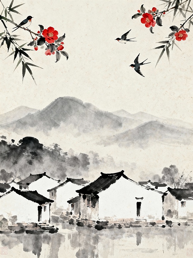 中国水墨画风格，淡雅灰调山水背景，近处水墨勾勒的江南民居白墙黑瓦，远处层叠朦胧的远山，画面上方左右两侧伸出的竹枝，点缀着红色山茶花和几只栖息的小鸟，两只燕子在空中飞翔，整体画面氤氲着宁静悠远的氛围，宣纸纹理质感，留白恰到好处，构图简洁意境悠远。