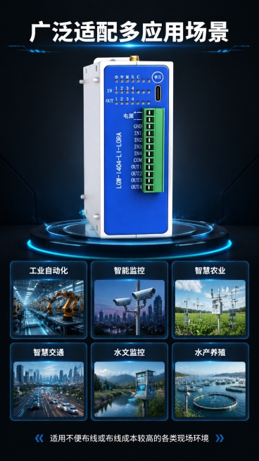 [第7屏] 多适用场景展示，介绍产品适配的多个应用领域，黑灰炫酷工业风。本屏使用【图1】产品展示。
[氛围/风格] 场景展示科技风，深灰渐变背景，蓝色发光装饰，卡片式场景展示
[元素布局] 顶部大标题预览效果