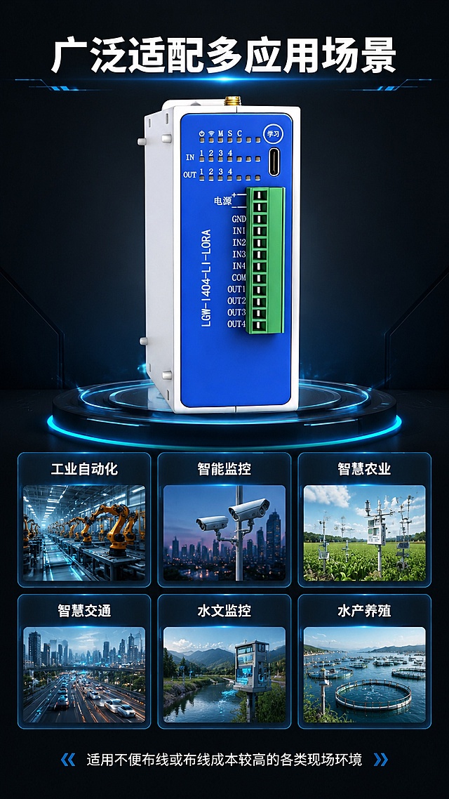 [第7屏] 多适用场景展示，介绍产品适配的多个应用领域，黑灰炫酷工业风。本屏使用【图1】产品展示。
[氛围/风格] 场景展示科技风，深灰渐变背景，蓝色发光装饰，卡片式场景展示
[元素布局] 顶部大标题，中部放产品图【图1】居中占比约35%，下方六宫格展示六个典型应用场景：工业自动化、智能监控、智慧农业、智慧交通、水文监控、水产养殖，每个场景配缩略场景图和名称，产品外观结构与原图一致
[光影质感] 整体明亮均匀冷光，产品光影立体感强，场景缩略图清晰可辨，蓝色发光边框点缀
[配色色系] 全局底色 #121826；主色白色大标题，深蓝色场景卡片边框，深灰背景
[视角构图] 从上到下布局：标题→产品→场景宫格，纵向阅读动线清晰
[文字版式] 顶部大标题「广泛适配多应用场景」，每个场景卡片配对应名称文字，底部补充标注「适用不便布线或布线成本较高的各类现场环境」，文字清晰不遮挡产品，白色文字高对比度
[比例分辨率] 9:16 竖版比例，宽度 1080，高度 1920，4K 分辨率，文字清晰可辨，高清画质
[负向提示词] 产品变形，场景模糊，文字错乱，排版杂乱