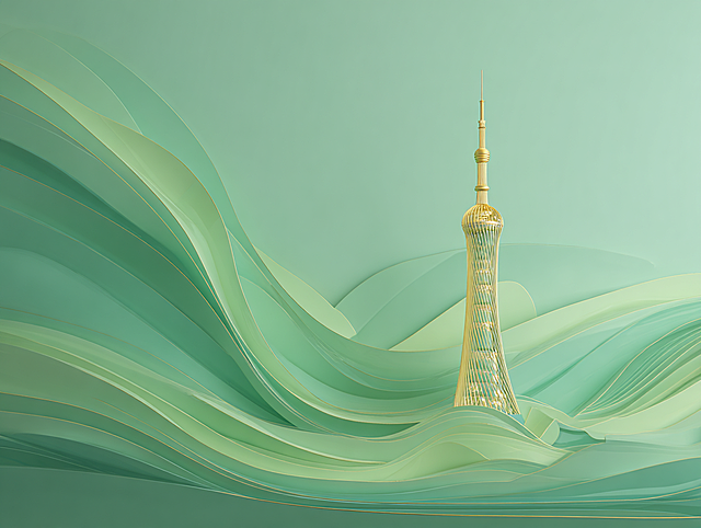 Main visual KV, main color is light green (RGB: 190, 194, 179), decorated with gilt and matte silver, high-grade warm texture. The visual center is a minimalist reconstructed Canton Tower (Xiaomanyao), presented in a twisted wasp waist shape, outlined with green-gold gradient lines, integrated with the fluid lines of Pearl River water waves; strengthen the attribute of Lingnan intangible cultural heritage; embellish with a sense of technology, reflecting the trend and fashion sense. Centered symmetrical composition, soft side light, the overall light and shadow are clean and transparent, no messy shadows, suitable for large posters, 8K ultra HD, rich details, advanced, elegant and pioneering futuristic style --ar 4:3 --style raw