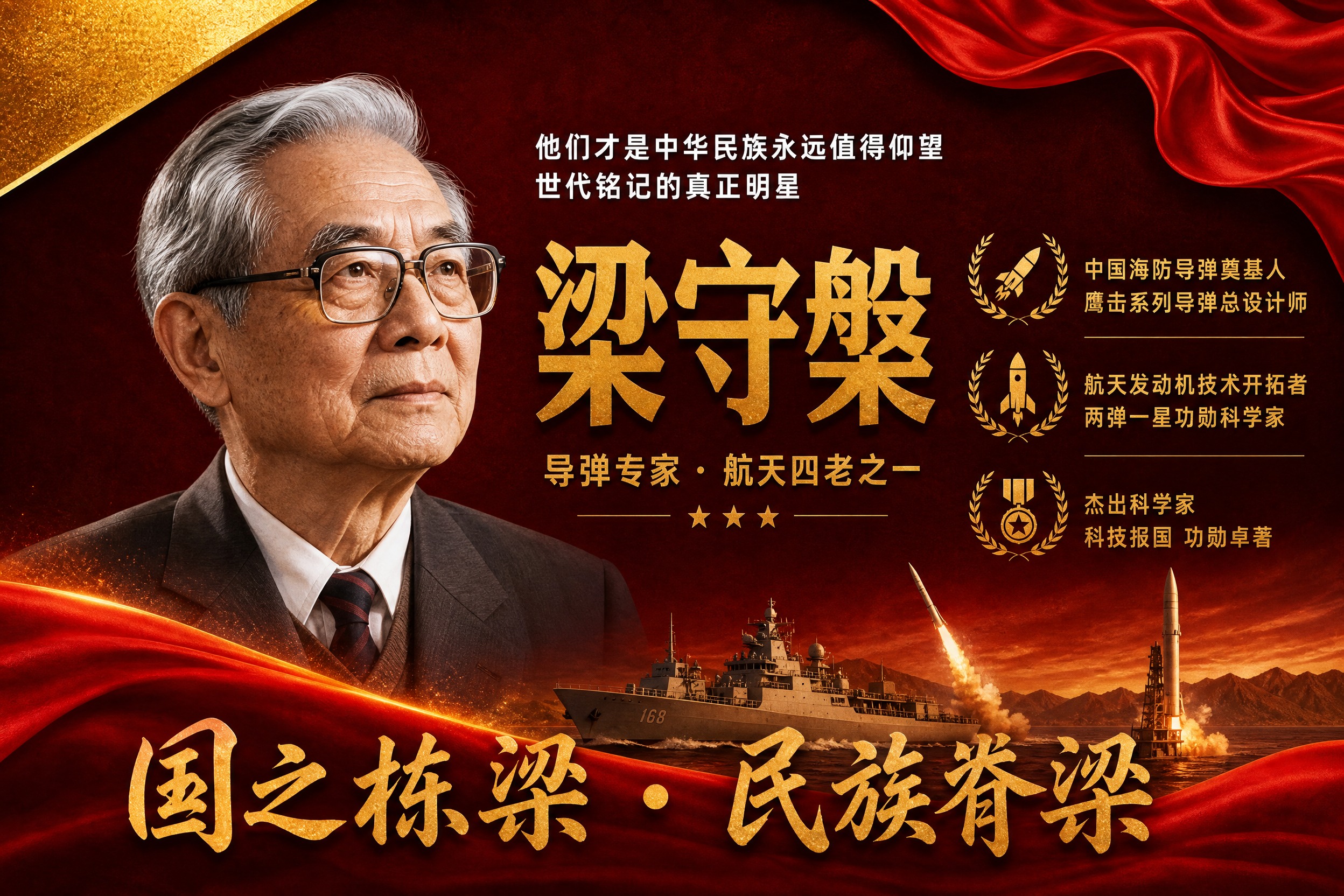 横版国之栋梁人物挂画海报，梁守槃主题，参考图版式风格复刻，红金… - 图片创意预览