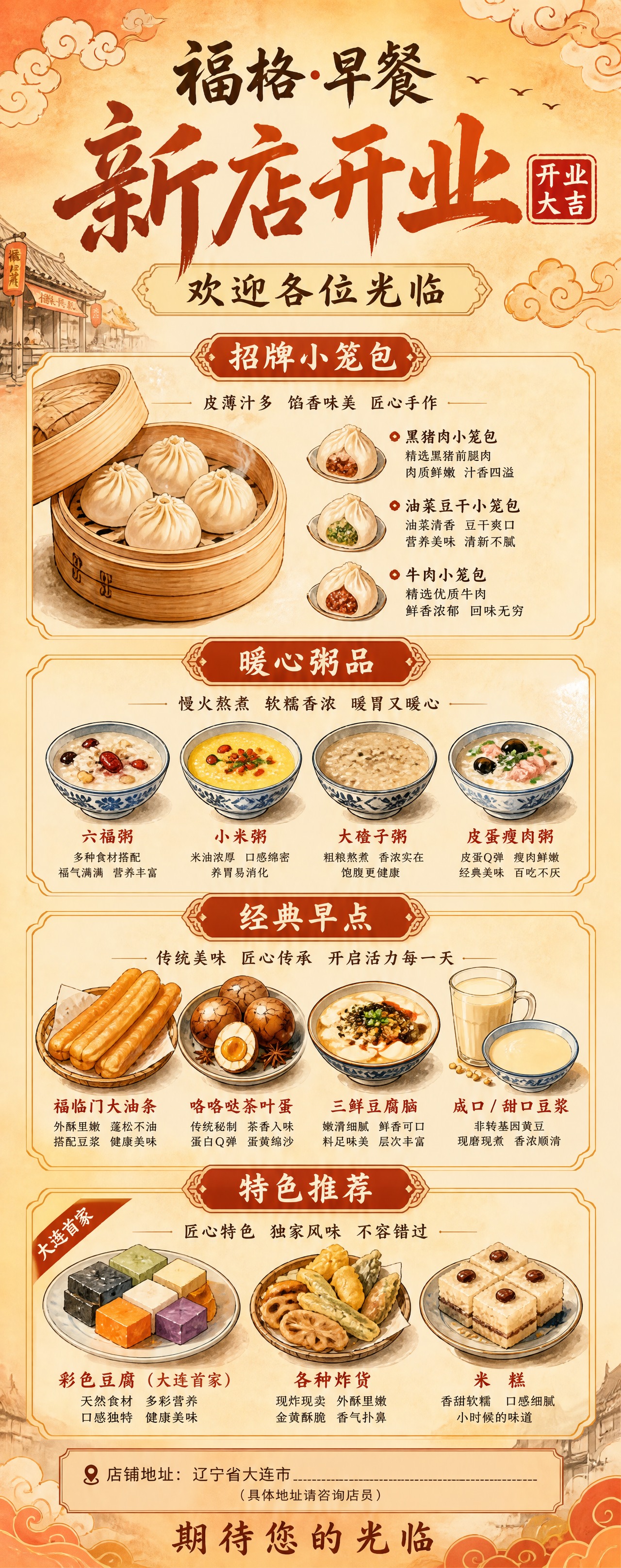早餐店品牌介绍易拉宝设计，竖版超长幅2:5比例，暖橙米黄国潮餐… - 图片创意预览
