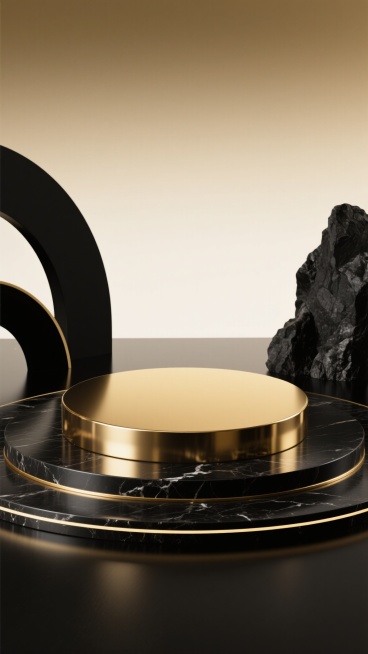 黑金渐变背景，中央放置圆形展台，展台表面为金色金属材质，具有光滑的反光质感，周围环绕黑色大理石台面，台面边缘有金色线条装饰，左侧有黑色弧形结构，右侧有黑色岩石状物体，整体光影柔和，营造出高级、奢华、神秘的氛围，画面大量留白，突出展台主体，具有强烈的视觉层次感和设计感。预览效果