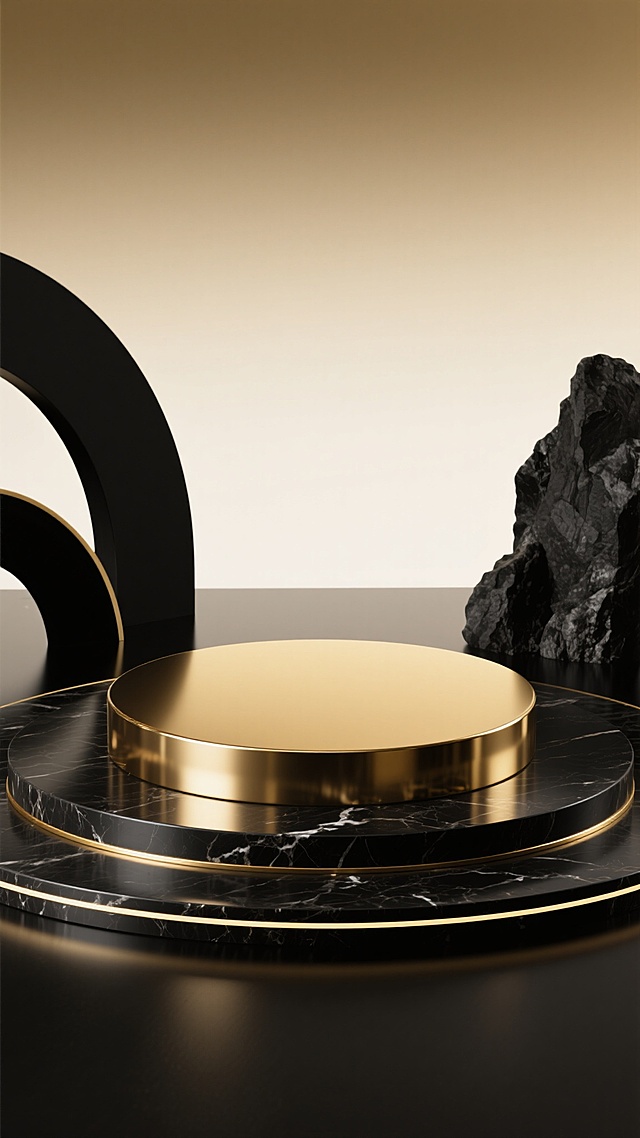 黑金渐变背景，中央放置圆形展台，展台表面为金色金属材质，具有光滑的反光质感，周围环绕黑色大理石台面，台面边缘有金色线条装饰，左侧有黑色弧形结构，右侧有黑色岩石状物体，整体光影柔和，营造出高级、奢华、神秘的氛围，画面大量留白，突出展台主体，具有强烈的视觉层次感和设计感。