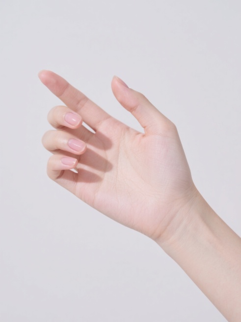 一只女性的手，手部皮肤白皙细腻，指甲修剪整齐干净，呈现自然健康的粉色，手背有着清晰可见的纤细血管纹理和柔和的掌纹。手部姿势为手掌微微向上，五指自然舒展分开，食指略微翘起，拇指轻轻外张，手腕自然弯曲，手臂从画面右侧延伸而出，整体姿态优雅放松。画面采用纯白色背景，光线明亮柔和，均匀地照射在手部，没有明显的阴影，突出手部的细节和质感，具有清晰、干净、简约的产品展示风格。预览效果