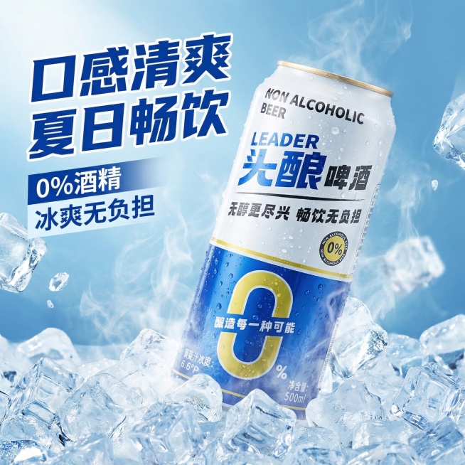 拼多多1:1电商主图，蓝白简约风格，冰爽冰镇场景，主体是头狼LEADER无醇精酿啤酒易拉罐，搭配冰块元素，突出“口感清爽 夏日畅饮”卖点，展示产品外观，信息清晰预览效果