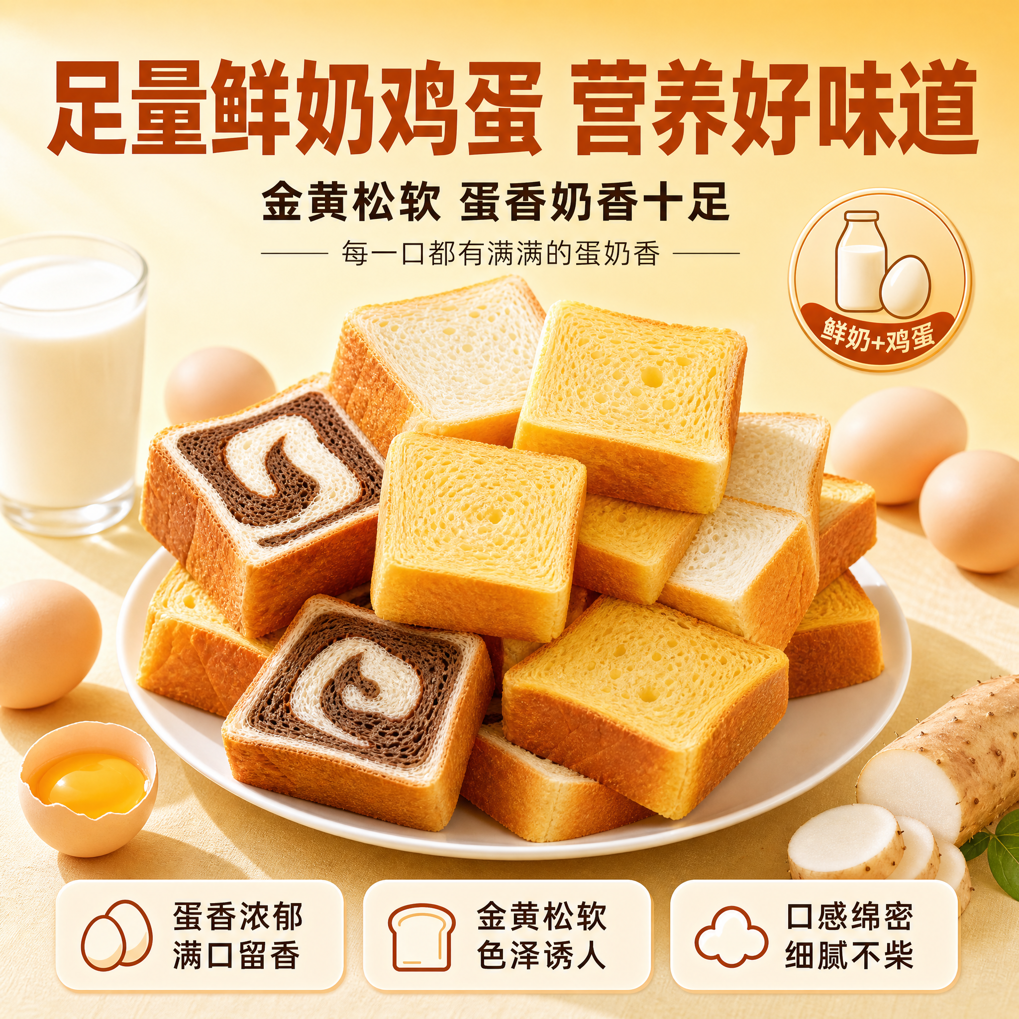 [主图-4] 三口味吐司原料卖点图，突出鸡蛋与鲜奶含量高的特点… - 图片创意预览