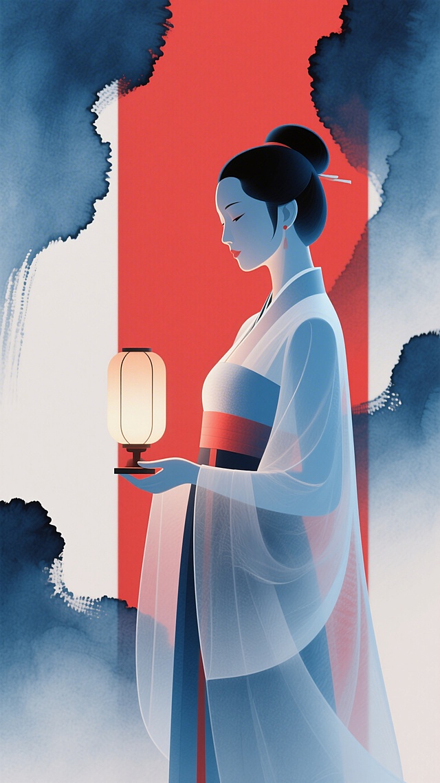 水墨风与插画风交融，古典美人执灯而立，红蓝撞色背景营造静谧唯美感，国潮意境中透出优雅文艺气息。