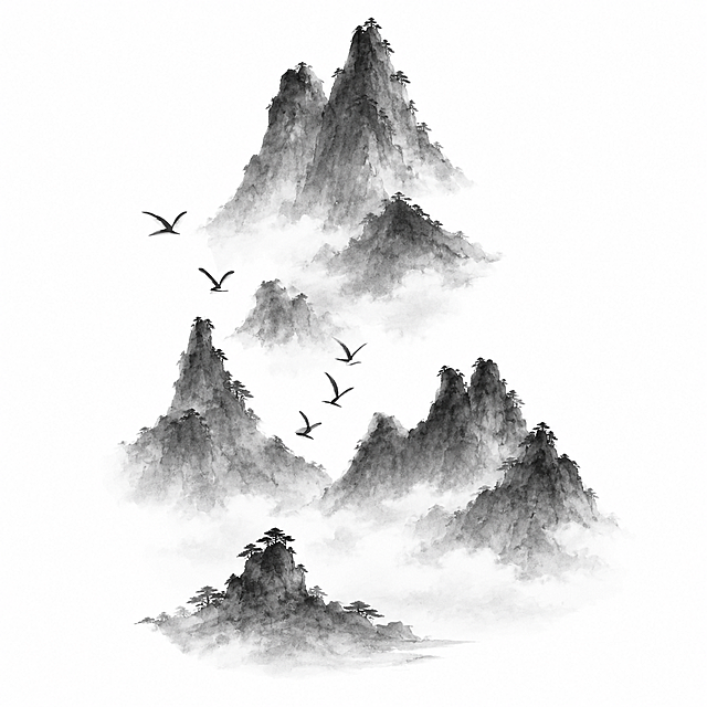 严格复刻参考图的新中式水墨山水插画，纯白背景，多座高低错落的山峰，采用水墨晕染质感，黑白灰渐变层次，山间有云雾缭绕的朦胧效果，数只简约飞鸟剪影分布在山间，整体意境空灵淡雅。必须保持原图的构图、山峰形态、飞鸟位置和水墨笔触完全一致，画面元素布局与参考图一模一样。