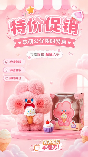 商品特价促销海报，9:16比例，画面风格为明亮童趣促销风，主标题文字"特价促销"，副标题文字"软萌公仔限时特惠"，装饰文案"可爱好物 超值入手"，卖点文字"毛绒亲肤""软萌治愈""限时特价"。画面主体预览效果