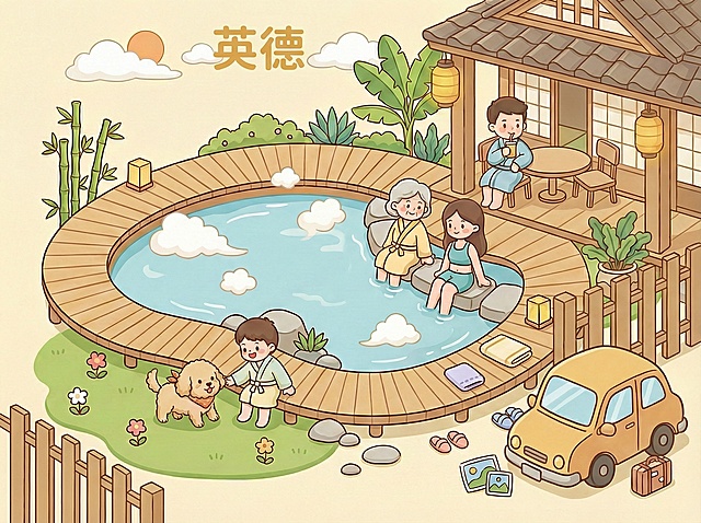 帮我加上英德两个字，车子没有那么小，要跟人的比例相对应，温泉可以小一些，因为是在别墅的院子里面，车子停在院子外面