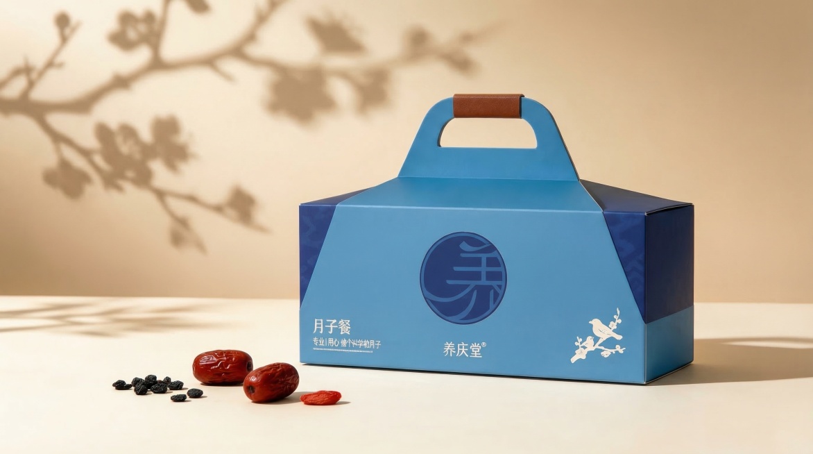 优化这张月子餐礼盒的包装精修，优化背景渐变让它更高级自然，优化背景梅花树枝影子的光影层次让它更高级雅致，提升整体画质，做细节锐化，增强包装盒和前景红枣黑枸杞的光影质感，保持原本构图和产品内容不变，超清预览效果