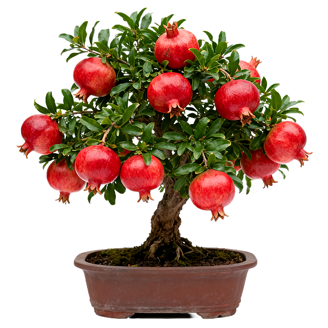 一盆石榴盆栽放置在纯白色背景上，清晰展示盆栽整体形态，多颗饱满的红色石榴果实，叶片翠绿茂密，果实数量更多，画面干净简洁，标准商品白底图，纯白背景无其他杂物