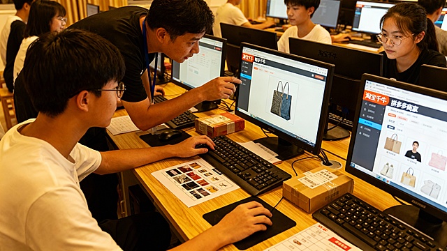 中职电商实训教室，学生围坐工作台分组操作，每人面前电脑显示淘宝千牛后台 / 拼多多商家版界面，桌上摆放商品样品、价签模板和快递打包材料，老师俯身指导小组优化商品主图，暖黄色教室灯光，写实高清风格，细节丰富