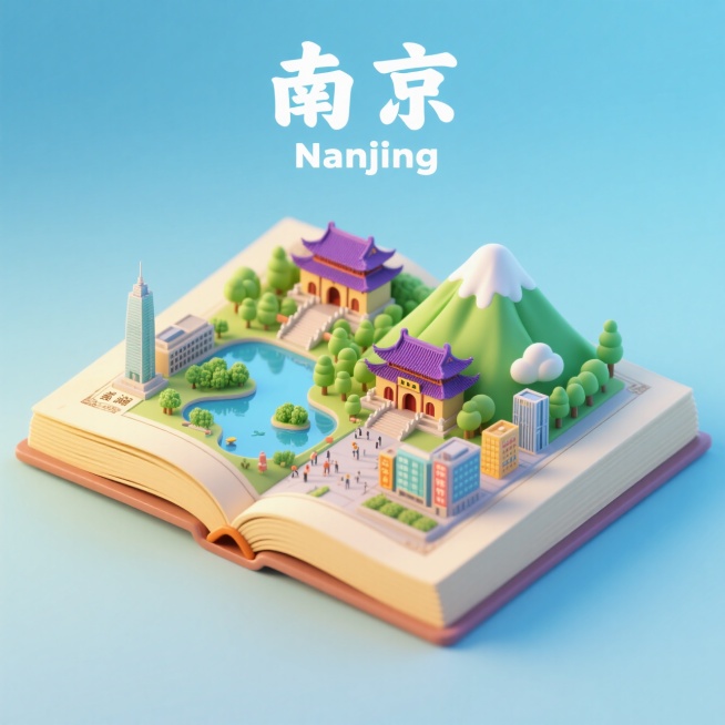 一本打开的古代书籍，书是打开的，书上是南京城市景观微缩模型，有南京的紫金山，中山陵，玄武湖，新街口，明故宫，总统府，上方有中文“南京”和英文“Nanjing”，整体画面生动，色调温暖明快，充满活力与朝预览效果