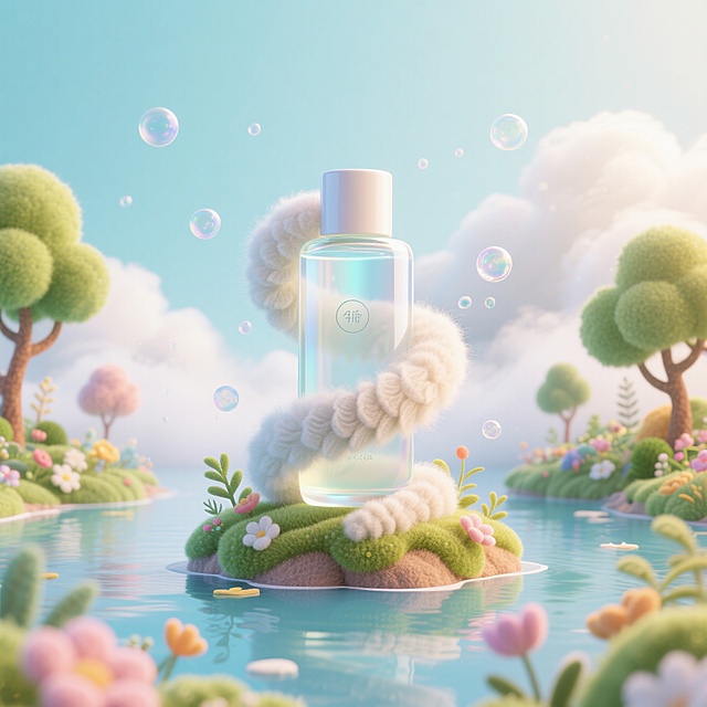 在湖泊中有一个岛，视觉中心放我们巨大的护肤产品，背景有云，有雾，有花、有光影，有树木和植物，有漂浮的气泡和空气颗粒，c4d风格