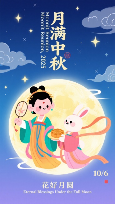 Q版嫦娥与玉兔在圆形月亮前，嫦娥手持团扇轻摇，玉兔捧着月饼，背景为冷色调渐变夜空，点缀星星和云朵。上方居中“月满中秋”，左侧“Moonlit Reunion, 2025”，右下角“10/6”，底部“花预览效果