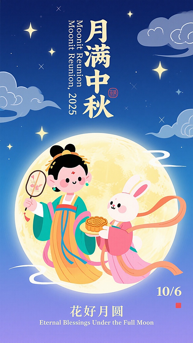生成4张中秋节系列海报。9:16，4张包含4个不同的内容，但相同的设计手法。平面插画，海报设计，Q版嫦娥和玉兔 ，高级，排版艺术，肌理磨砂，噪点，弥散渐变，扁平插画，晕染，高饱和渐变背景，新中式扁平商业插画，宋代美学意境，超现实动态感，透明流体模拟光影，国风美学配色，冷色调为主搭配局部暖色点缀，富有层次感，元素重构，日期是“10/6”，写着“Mid-Autumn Festival 2025”