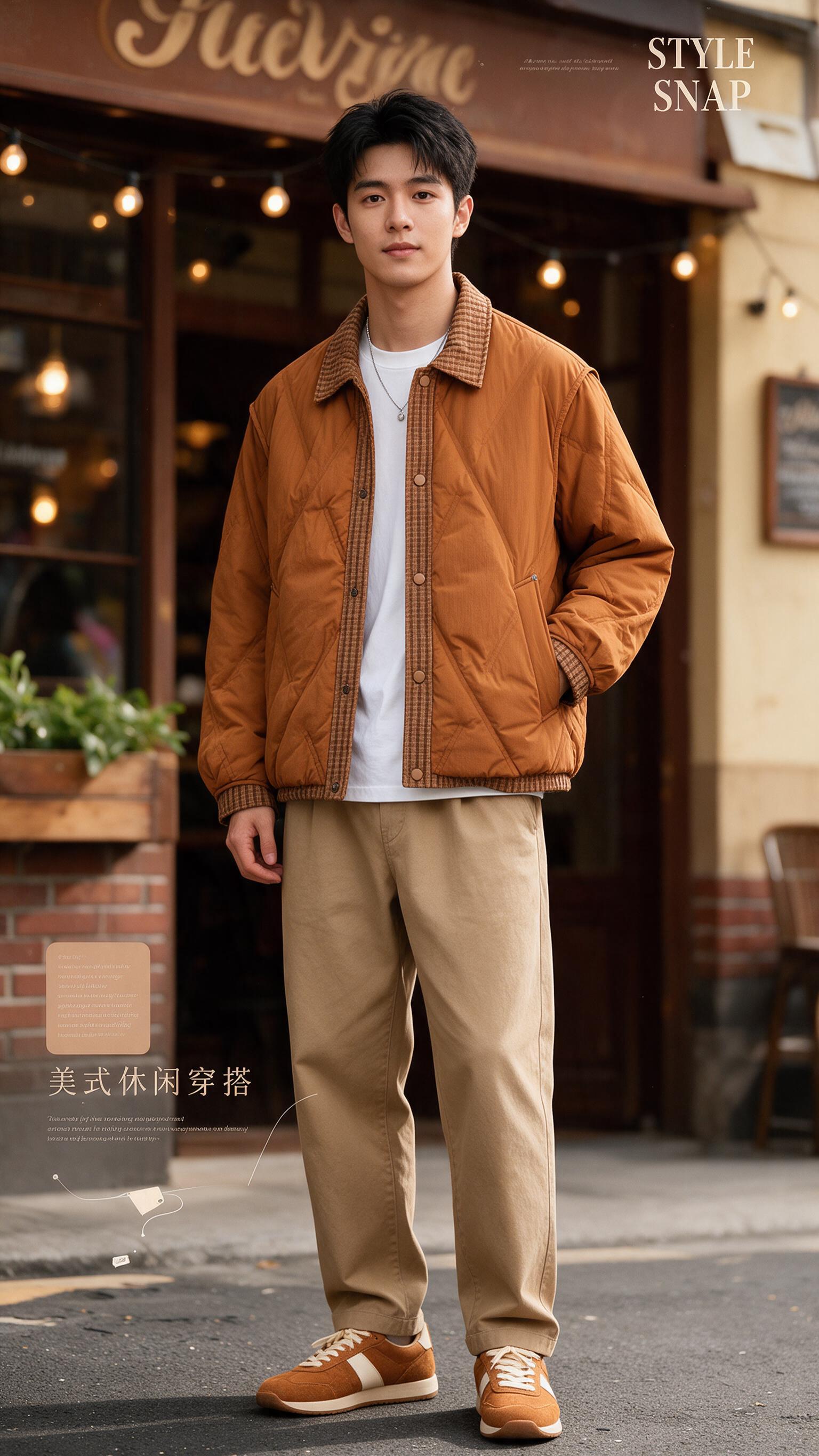 [商品] 使用【图1】焦糖棕复古格纹拼接翻领棉服夹克；商品处理… - 图片创意预览