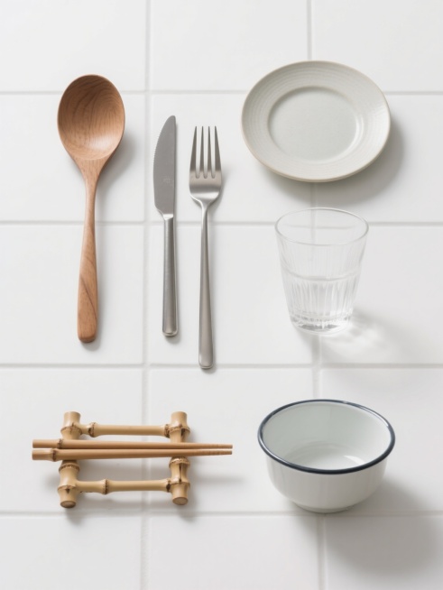 简约现代风格静物摄影，六个不同种类的餐具（如木质汤匙、陶瓷餐盘、金属刀叉、玻璃水杯、竹制筷架、搪瓷碗）以规整网格状排布，每件餐具保留原木、陶瓷、金属等材质的自然纹理与细腻质感，柔和侧光营造轻微阴影增强立体感，统一采用纯白色纯色背景，无任何文字、logo及水印，整体构图平衡对称，视觉层级清晰，突出餐具本身的形态美与材质对比，符合现代简约设计美学。预览效果
