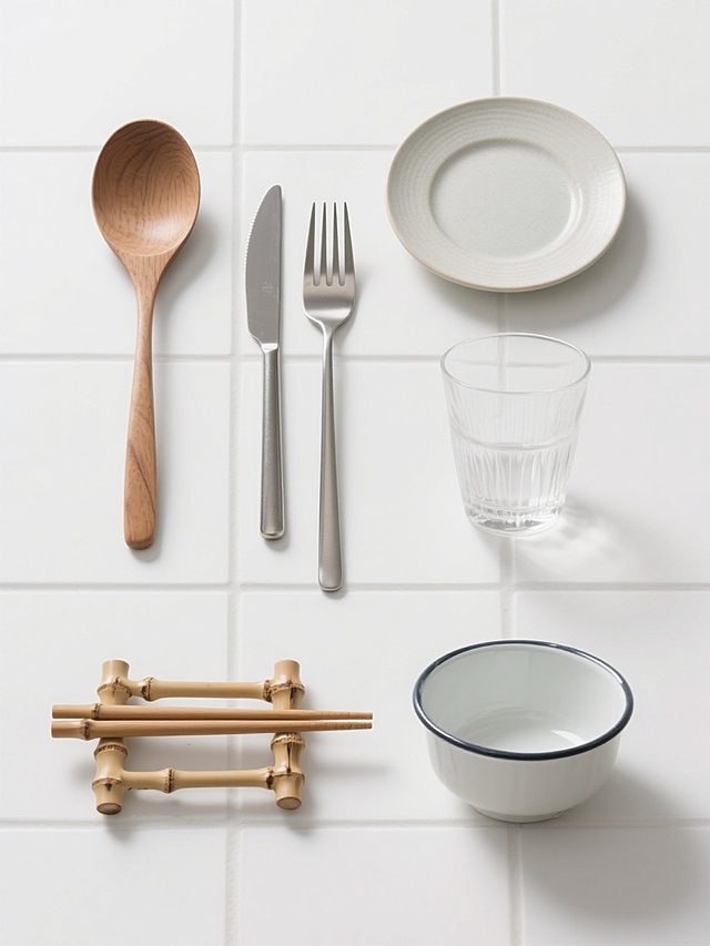 简约现代风格静物摄影，六个不同种类的餐具（如木质汤匙、陶瓷餐盘、金属刀叉、玻璃水杯、竹制筷架、搪瓷碗）以规整网格状排布，每件餐具保留原木、陶瓷、金属等材质的自然纹理与细腻质感，柔和侧光营造轻微阴影增强立体感，统一采用纯白色纯色背景，无任何文字、logo及水印，整体构图平衡对称，视觉层级清晰，突出餐具本身的形态美与材质对比，符合现代简约设计美学。