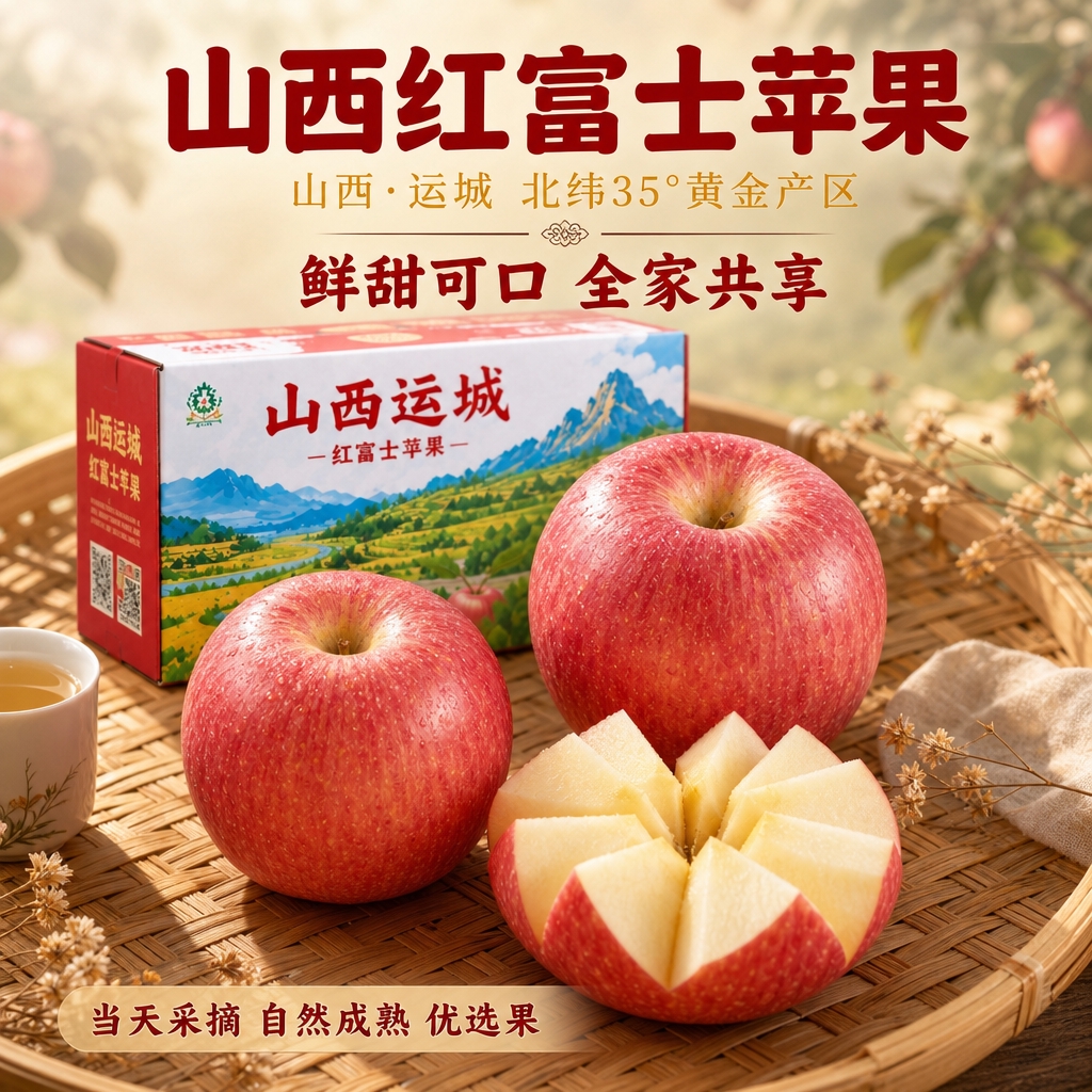 [主图-3] 竹制托盘中式文艺主题，山西运城红富士苹果京东电商… - 图片创意预览