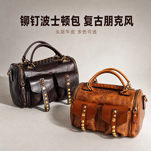 [主图-3] 铆钉波士顿圆筒包主图，展示多色款式与个性铆钉设计。
[统一基调] 淘宝/天猫女包主图，1:1比例，高级复古质感，暖调商业摄影光，背景为浅灰色渐变背景纸，整体酷感复古风格，与整套视觉统一。
[画面] 画面中展示两款铆钉波士顿圆筒包，深棕色款在左后方，焦糖棕色款在右前方，形成前后错落层次感，两款包均为正面45°角度，整体占据画面70%左右。包身的头层牛皮纹理清晰，正面双口袋设计、古铜色铆钉装饰（方形铆钉+圆形铆钉排列）、顶部双提手、侧面肩带挂环等细节完整呈现，突出朋克复古的铆钉设计元素。背景为浅灰色渐变背景纸，简洁干净，突出包包主体。
[光影质感] 柔和棚拍主光从左上方照射，包身受光均匀，铆钉金属高光清晰，牛皮肌理有自然光泽，底部有柔和接触阴影，整体为专业商业产品摄影质感。
[配色] 深棕+焦糖棕+古铜金铆钉，背景浅灰渐变，整体暖棕酷感复古色调。
[文字版式] 画面顶部居中放置主标题「铆钉波士顿包 复古朋克风」，深棕色粗体大字；下方小字「头层牛皮 多色可选」，浅棕色细体。文字放在顶部负空间，不遮挡包身。
[输出要求] 1:1正方形，2K分辨率，两款包都清晰，铆钉细节锐利，皮质纹理真实，文字清晰；负向：变形、错字、模糊、铆钉缺失、颜色偏差、水印、平台Logo、杂乱背景。