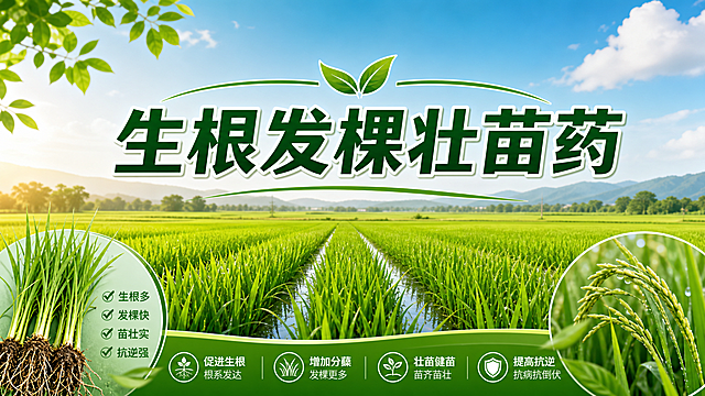 横版海报，背景是大片绿色水稻农田，中央清晰标注文字"生根发棵壮苗药"，风格清新自然，适合农资宣传，画面清晰