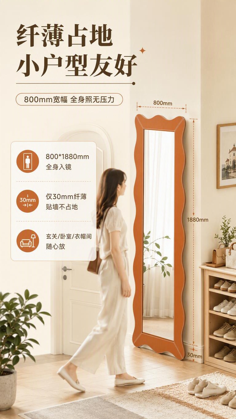 [商品] 使用【图1】焦糖橘色波浪边框穿衣镜（侧视角度）；保留… - 图片创意预览