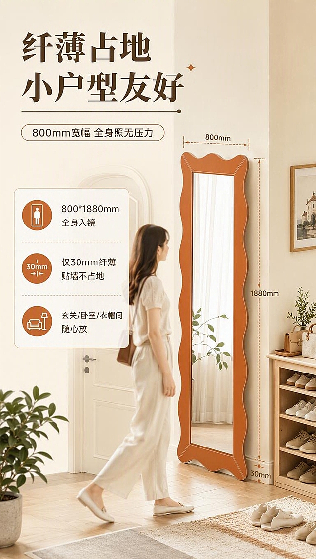 [商品] 使用【图1】焦糖橘色波浪边框穿衣镜（侧视角度）；保留波浪外框、厚度、全身镜比例；商品处理：侧视展示厚度30mm与整体尺寸比例，不改变造型。
[画面] 目标：空间尺度与占地示意，讲小户型友好。构图：左文右图，左侧约40%文案+尺寸标注区，右侧60%镜子侧立在玄关/卧室角落场景，配虚线尺寸引线标注宽800mm、高1880mm、厚30mm；背景为浅奶油色玄关场景，有人物侧身走过作尺度参照，旁边有鞋架、挂画、绿植，体现占地小、易摆放。
[视觉] 套系策略：风格=奶油中古风亮调商业摄影；标题字=现代衬线粗体（优雅复古）；正文字=简洁无衬线体；主色=奶杏米白；背景延展=基于奶杏米白做深浅层级、同色渐变和细腻墙面/地面质感；强调色=焦糖橘，仅用于小面积图标、引线、标签；标题色=深棕咖；正文色=中暖灰；组件=圆角浅底信息卡、细线引线、复古胶囊框；光影=前侧暖柔光，均匀明亮，整体高亮亮调。
[文字] 左侧主标题「纤薄占地 小户型友好」，副标题「800mm宽幅 全身照无压力」，3个尺度利益点：「800*1880mm 全身入镜」「仅30mm纤薄 贴墙不占地」「玄关/卧室/衣帽间 随心放」；配虚线引线标注对应尺寸；文字均横排。
[规格] 淘宝/天猫详情页竖版9:16，4K分辨率，负向：变形、错字、文字过小、冷蓝背景、尺寸标注错误、极限词、水印。