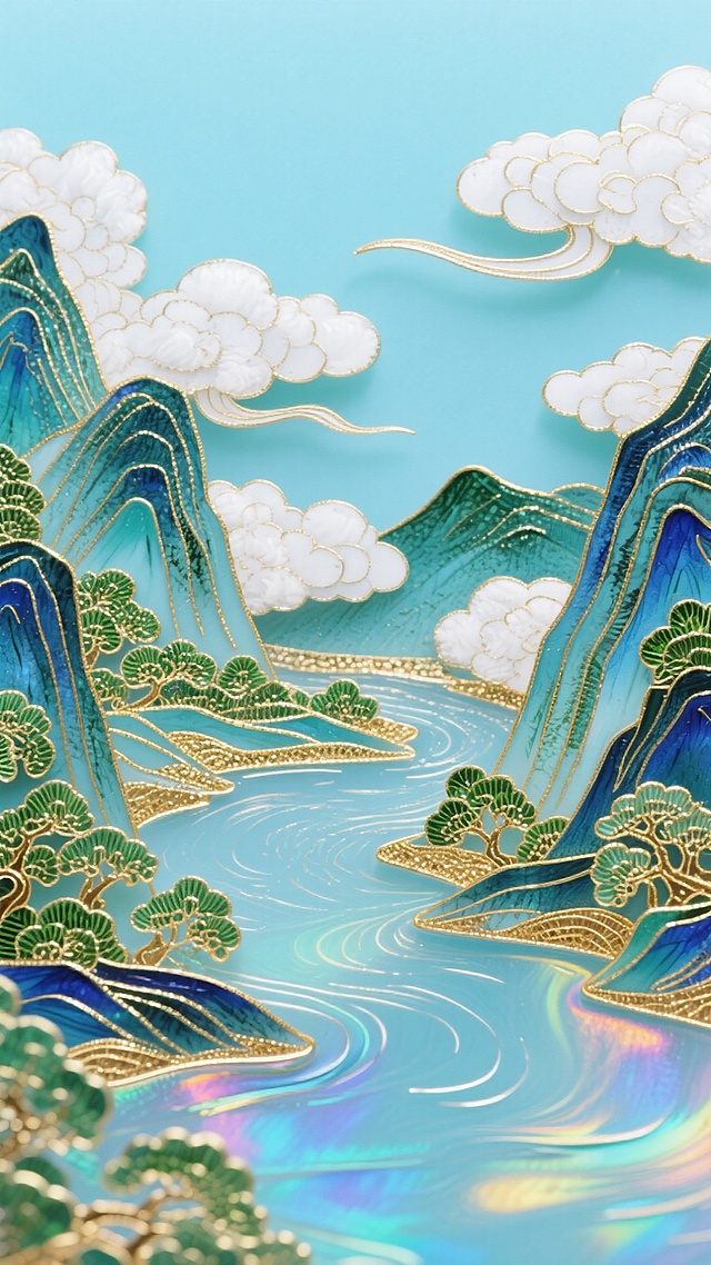 山川+河流，云朵，浅蓝色背景