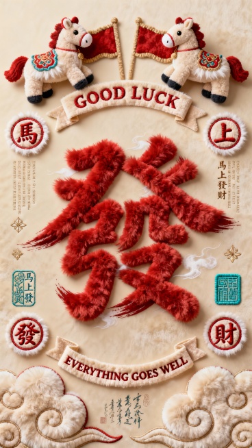 毛茸茸国潮文创风格，暖米色植绒质感背景，主元素用蓬松中国红毛绒材质，辅以青蓝色短绒、金色植绒点缀；核心元素为中国红毛绒质感毛笔书法大字 “發”（带蓬松毛绒笔触、飞白处做绒毛纹理层次），上方设对称毛绒布预览效果