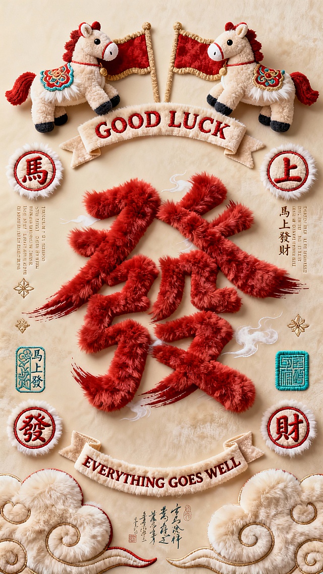 国潮风刺绣海报，毛发生长字体“发”字呼应喜庆感，结合浮雕质感与中式祥云、布艺马，展现民族风与节日祝福。