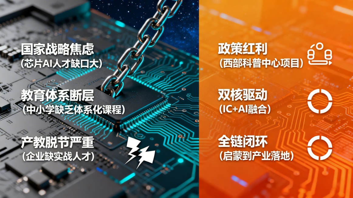 科技未来感结合教育严谨性风格PPT痛点与机遇页，主色调深空蓝、科技青搭配活力橙，左右对比布局，左侧灰色调区域展示三大痛点：国家战略焦虑（芯片AI人才缺口大）、教育体系断层（中小学缺乏体系化课程）、产教预览效果