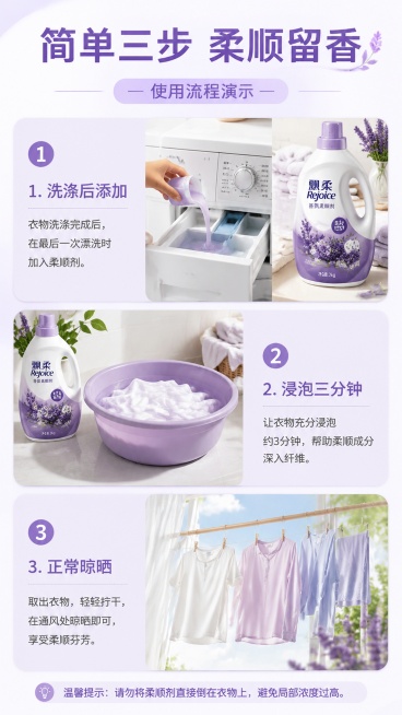 [第4屏] 使用流程演示-三步正确使用柔顺剂。本屏延续产品紫白配色风格。
[氛围/风格] 生活化家居场景，简洁明了步骤展示，温馨自然。
[元素布局] 从上到下分为三步，每步一个小场景搭配说明：第一步洗预览效果