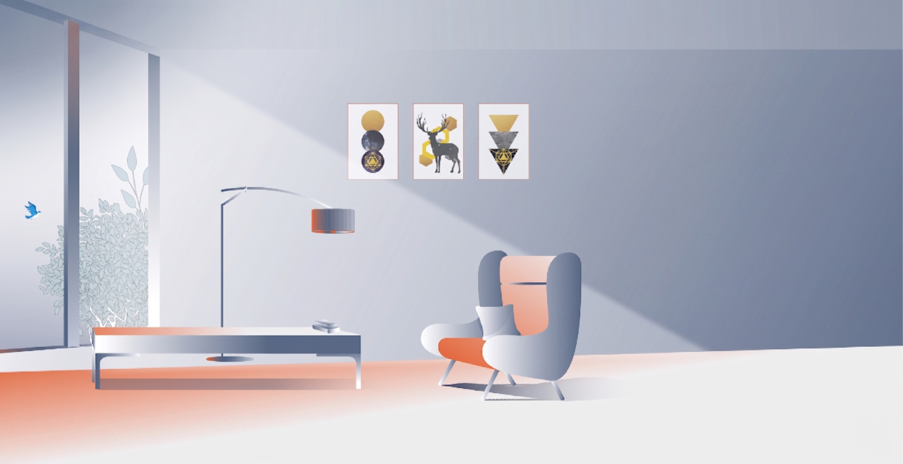 去除图片中所有文字，保留原有的家具、装饰和场景构图，保持原画面风格和配色不变预览效果