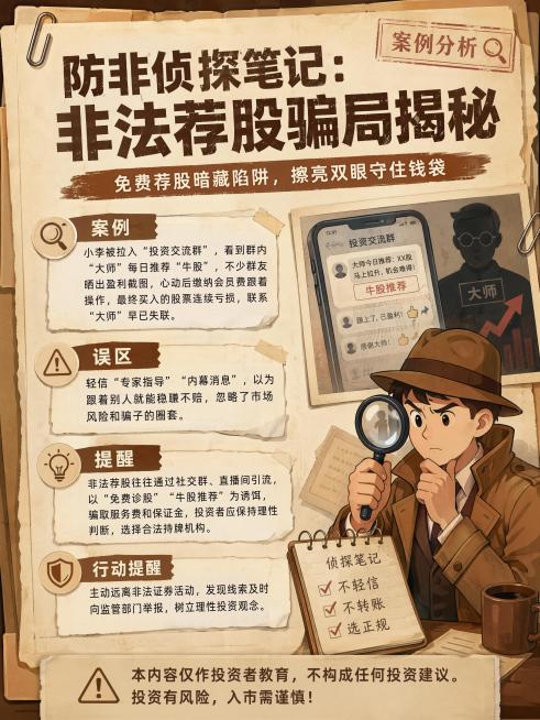 生成一张金融行业每日常态化理性投教海报，物料类型：案例分析，主题：防非侦探笔记之非法荐股，面向人群：通用人群，标题："防非侦探笔记：非法荐股骗局揭秘"，主句："免费荐股暗藏陷阱，擦亮双眼守住钱袋"，主预览效果