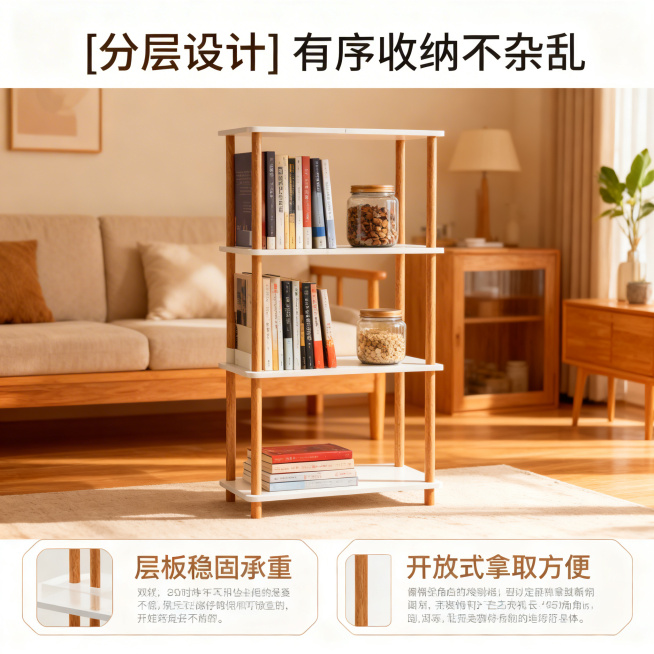 [主图 2] 置物架分层收纳功能展示图
[氛围/风格] 温馨舒适家居治愈风，暖调自然光，柔和午后光影
[画面元素] 保持原图置物架外观完全不变，展示置物架每层分层收纳的使用状态，每层摆放书籍、装饰罐等预览效果