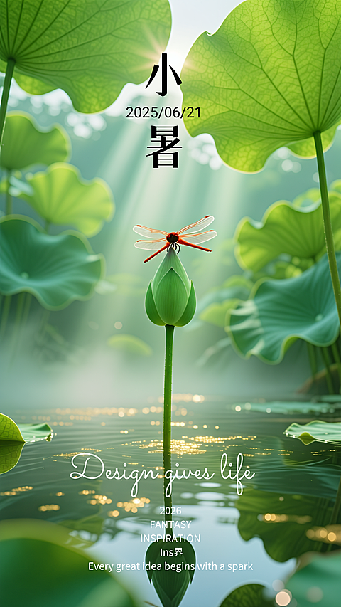 小暑节气清新感荷叶水波纹通用竖版海报