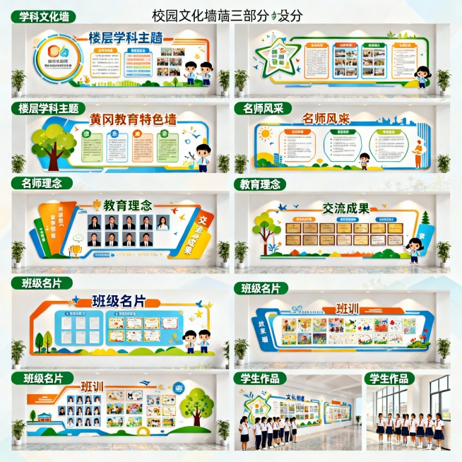 学科文化墙：按楼层学科主题设计，知识性+趣味性

黄冈教育特色墙：名师风采、教育理念、交流成果

班级文化墙：班级名片、班训、学生作品展示

视觉元素：文化墙设计效果图、班级文化展示示例预览效果
