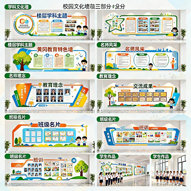 学科文化墙：按楼层学科主题设计，知识性+趣味性

黄冈教育特色墙：名师风采、教育理念、交流成果

班级文化墙：班级名片、班训、学生作品展示

视觉元素：文化墙设计效果图、班级文化展示示例