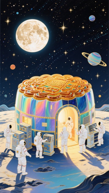 月球表面场景，巨大月饼造型的太空舱，舱内暖光透出，数位身着白色宇航服的宇航员在舱内外活动，有的在操作设备，有的准备进入舱内。背景是布满璀璨星辰、还有行星点缀的深邃宇宙，整体画面充满科幻感与未来感，细节预览效果