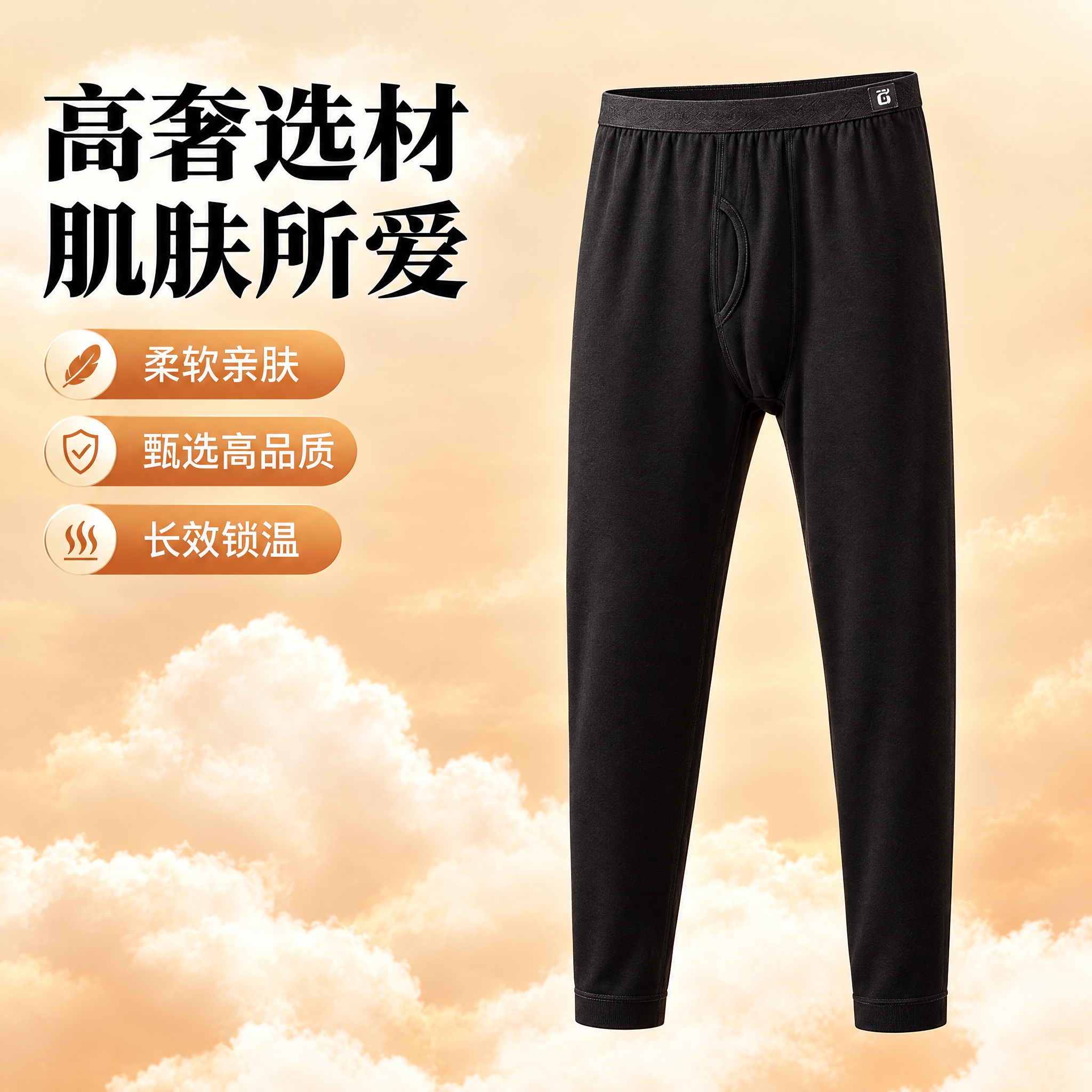 男士保暖裤电商主图，暖色调云朵背景，画面中只有一条完整的黑色保… - 图片创意预览