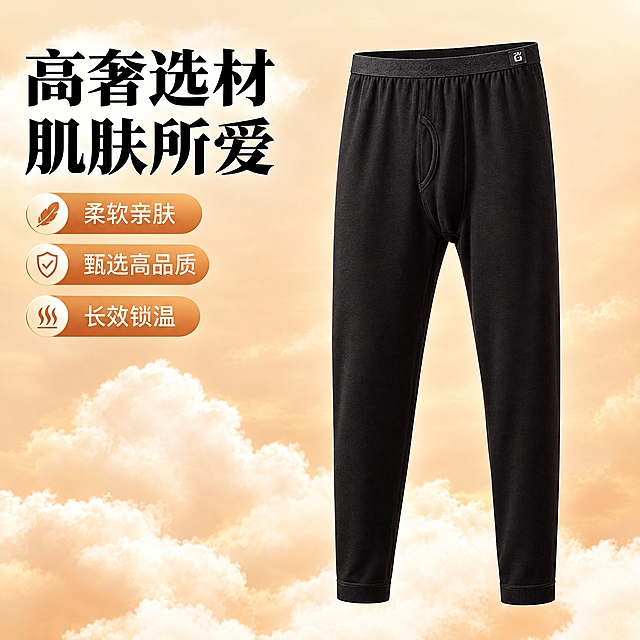 男士保暖裤电商主图，暖色调云朵背景，画面中只有一条完整的黑色保暖裤，正常展示，没有多余的裤腿或其他衣物。左上角大标题文案为「高奢选材 肌肤所爱」，黑色粗体大字。左侧三个卖点图标：柔软亲肤、甄选高品质、长效锁温。整体高端简约风格，突出裤子质感，高清细腻