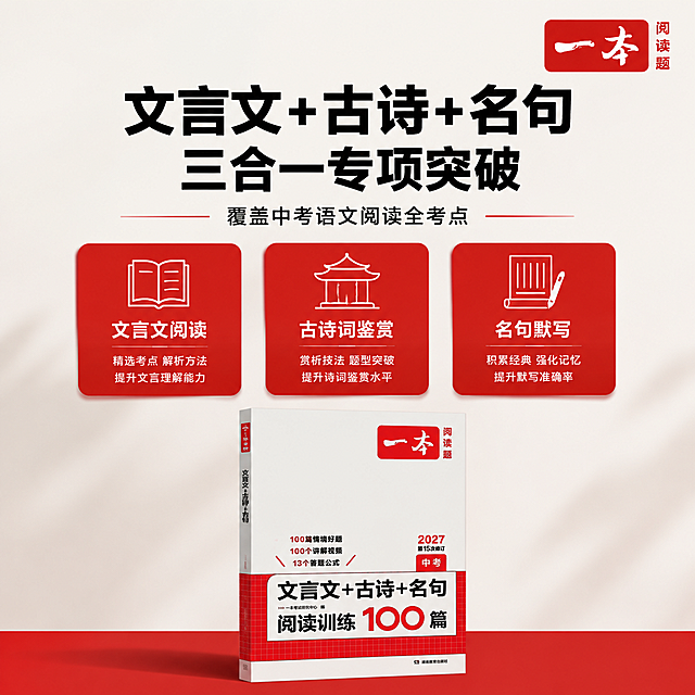 1:1正方形电商主图，极简留白商务教辅风，主色调为品牌正红色、米白色、浅灰色；字体统一使用无衬线粗黑体（标题）+ 常规黑体（正文），品牌标识保留原书法字体；高清写实光影，整体视觉专业高级。画面顶部居中放置主标题「文言文+古诗+名句 三合一专项突破」，副标题「覆盖中考语文阅读全考点」。画面中部横向排列三个等宽的红色圆角矩形模块，分别对应「文言文阅读」「古诗词鉴赏」「名句默写」，每个模块内配有对应极简线性图标与简短功能说明；画面底部横向平放产品图书，严格还原产品所有细节，作为视觉锚点。整体采用居中对称排版，红白配色清爽专业，留白充足，考点可视化清晰直观，突出产品内容全面、靶向备考的优势。负面提示：图案杂乱花哨、配色饱和度溢出、产品变形失真、文字错漏、卡通插画元素、水印、脏点、信息过载、风格割裂。