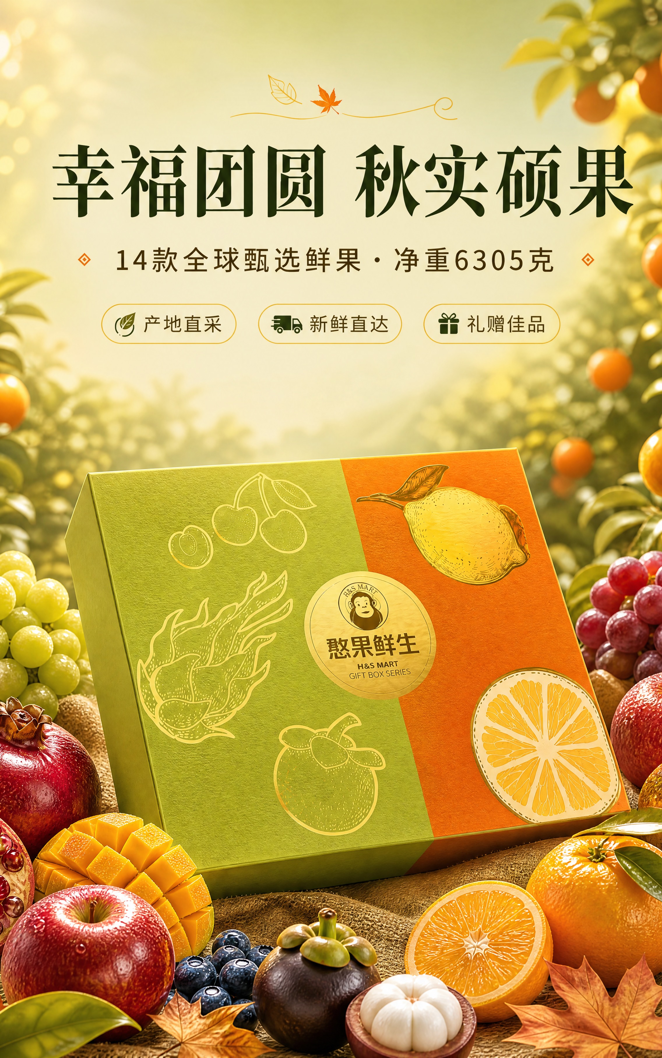 [商品] 使用【图1】憨果鲜生水果礼盒，保留绿橙拼色包装、猴子… - 图片创意预览