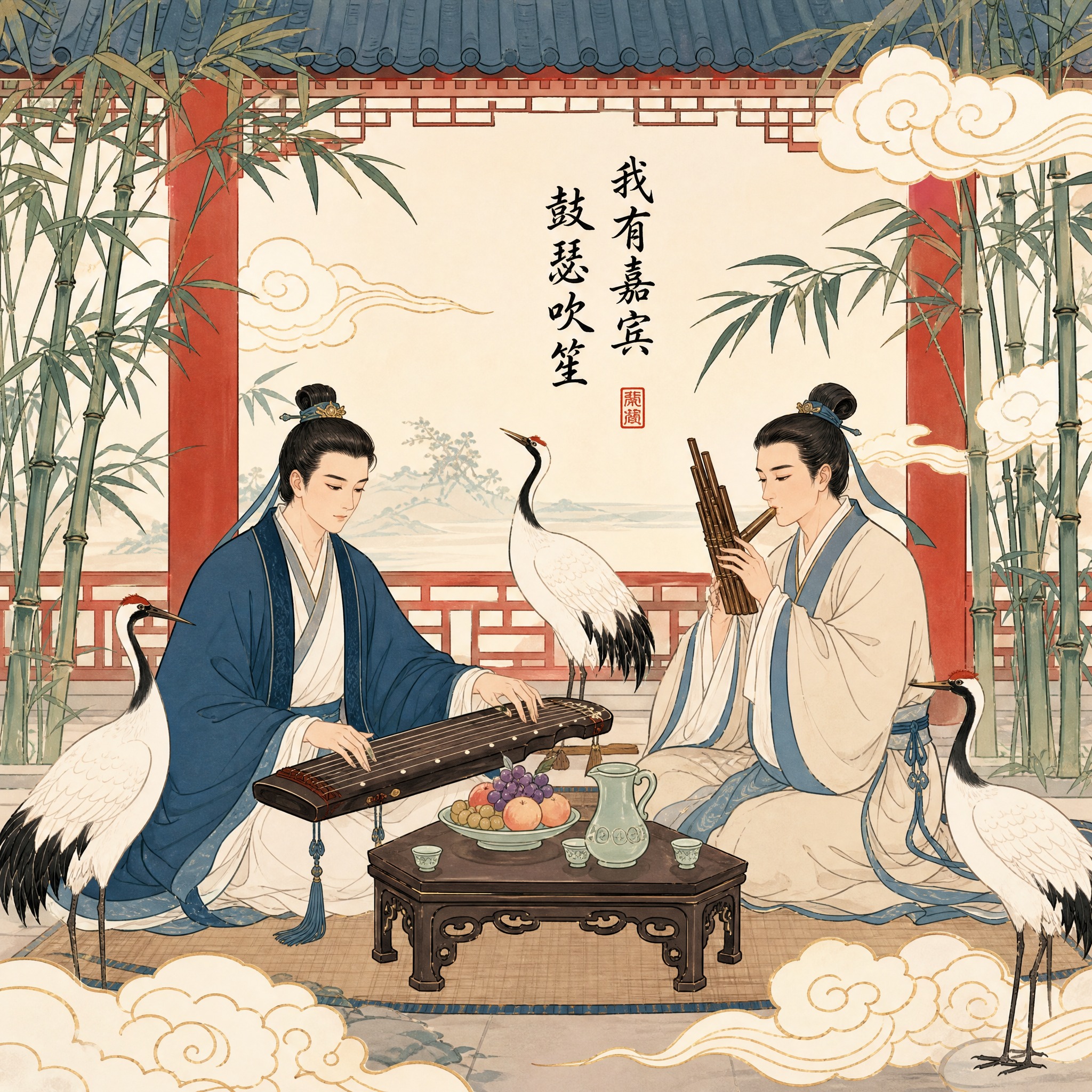 新国风彩色简笔插画，主题为「我有嘉宾，鼓瑟吹笙」。画面中两位身… - 图片创意预览