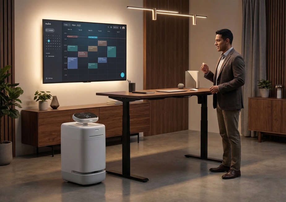 The Nubo A01 robot integrates with a smart home office setup, its top screen syncing with a wall-mou预览效果