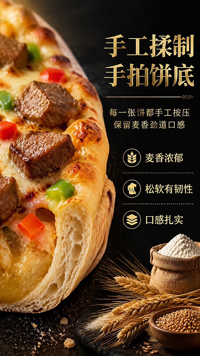 [第2屏] 核心卖点展示-突出人工手拍饼底工艺。本屏使用嫩牛尊品芝士船披萨【图1】展示饼底结构。
[氛围/风格] 黑金质感，特写工艺，高级美食摄影，细节清晰。
[元素布局] 左侧放置披萨局部特写，放大展示饼底边缘厚度和手工纹理，占比约60%；右侧为卖点文字区域，搭配小麦原料配图；饼底结构、配料颜色与输入产品图一致。
[光影质感] 侧光打亮饼底层次，突出麦香纹理，阴影自然过渡，质感真实。
[配色色系] 全局底色 #1a1a1a，主色黑金，辅助色小麦原粮浅黄提亮。
[视角构图] 左侧特写右侧文字分屏，清晰展示工艺卖点，阅读动线从左到右。
[文字版式] 左图右文版式，主标题「手工揉制 手拍饼底」，副标题「每一张饼都手工按压 保留麦香劲道口感」，金色文字左对齐，分点列出「麦香浓郁、松软有韧性、口感扎实」三个卖点，文字清晰不遮挡产品主体。
[比例分辨率] 9:16竖版比例，4K分辨率，文字清晰可辨，高清画质。
[负向提示词] 饼底变形，产品结构错误，颜色失真，文字模糊，水印，背景杂乱。