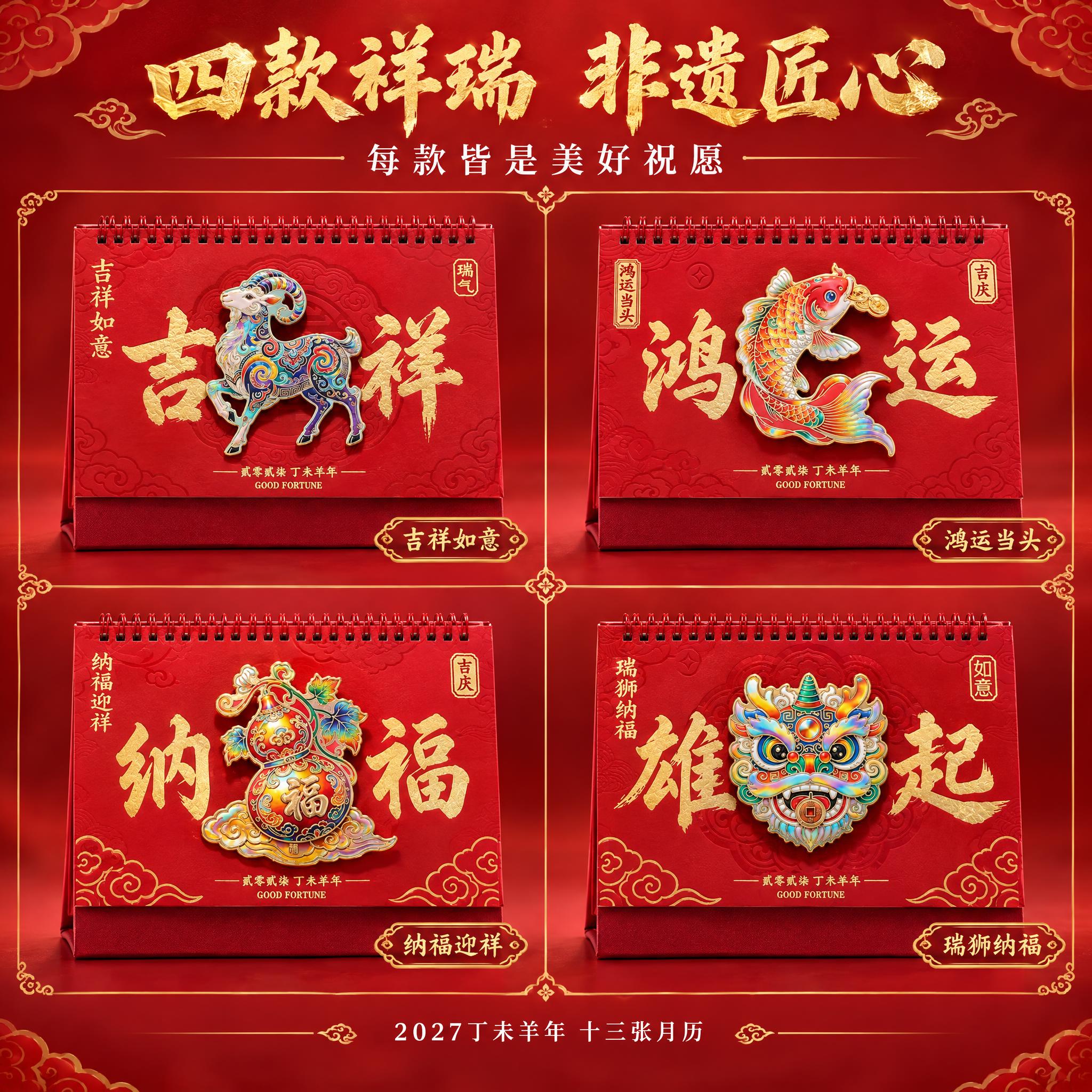 [主图-3] 四款祥瑞主题展示，呈现台历丰富的国潮纹样与美好寓… - 图片创意预览